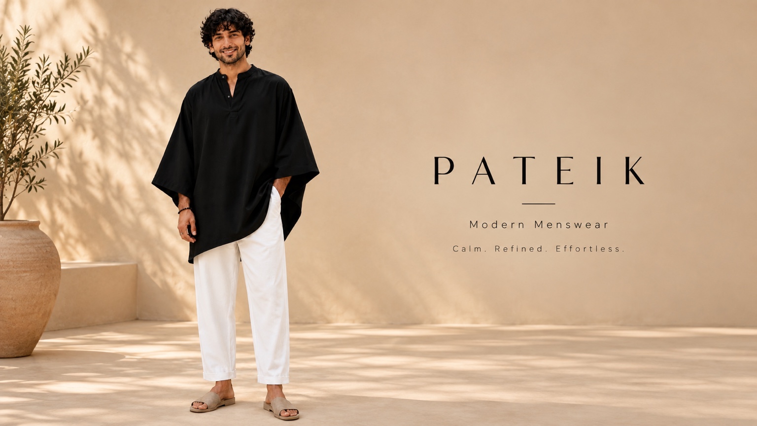 PATEIK black baggy kurta styled with white trousers. Modern menswear. Calm, refined, effortless.